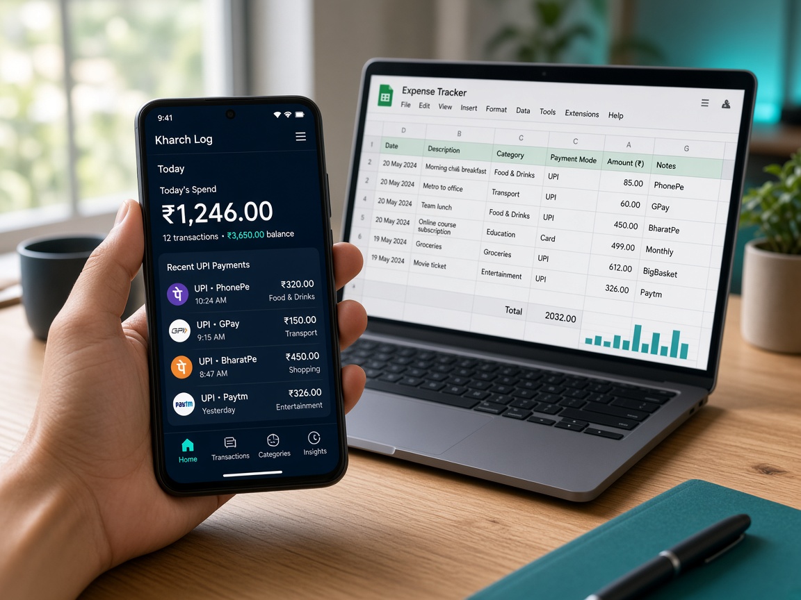 Kharch Log on Android with UPI expenses syncing to a Google Sheet on a laptop